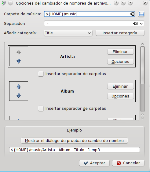 Captura de pantalla del diálogo del renombrador de archivos.