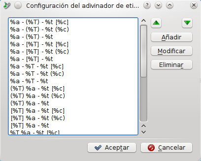 Captura de pantalla del diálogo de configuración del deductor de etiquetas.
